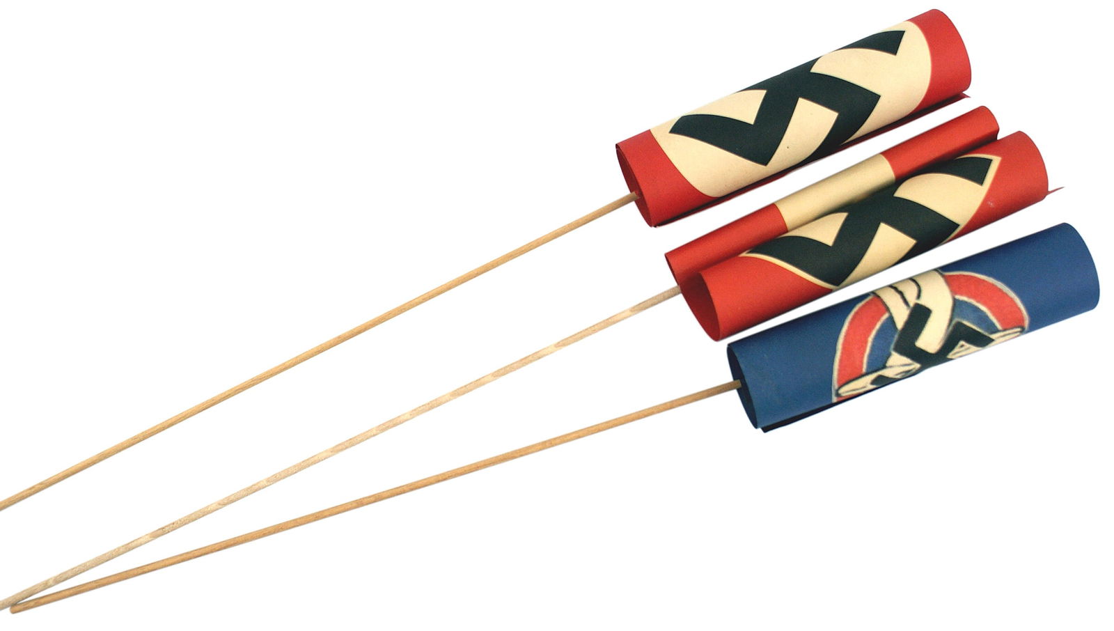 3 German WWII paper flags Hitler Youth DLV: H-064 Lot of 3 German Third-Reich paper parade flags. All 5" x 8 1/2" on a 16" pole. Includes: (1) National N.S.D.A.P. printed black swastika on a white circle on a red field. (2) Hitler Youth. Tilted