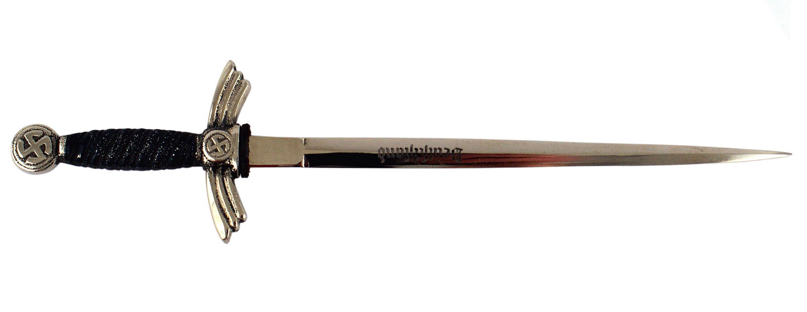 R miniature Luftwaffe sword: H-128 DISPLAY miniature Luftwaffe sword. Grip style the same as the 1st Model Luftwaffe dagger. "Sun-wheel" swastika on the pommel and center of the "wings" crossguard. Grip is painted dark blue to si