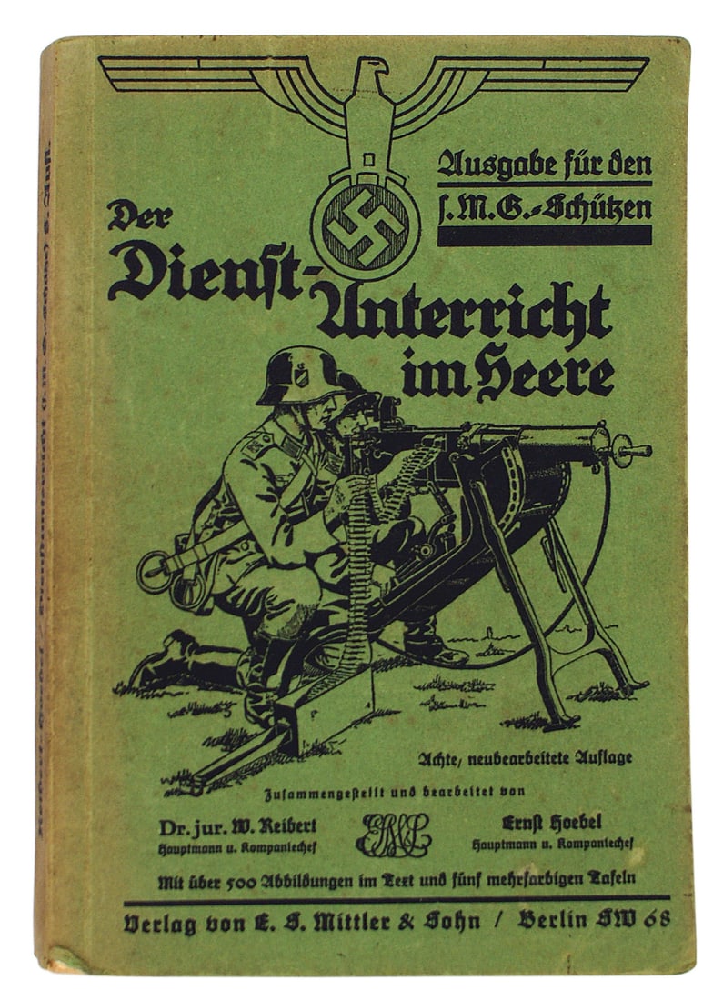German WWII 1935 Army training book: I-021 "Der Dienst - Untericht im Heere". German 1935 Army training book with background of WWI, photos of military leaders, color pages of flags/uniforms/medals/insignia/aircraft insignia, instruction