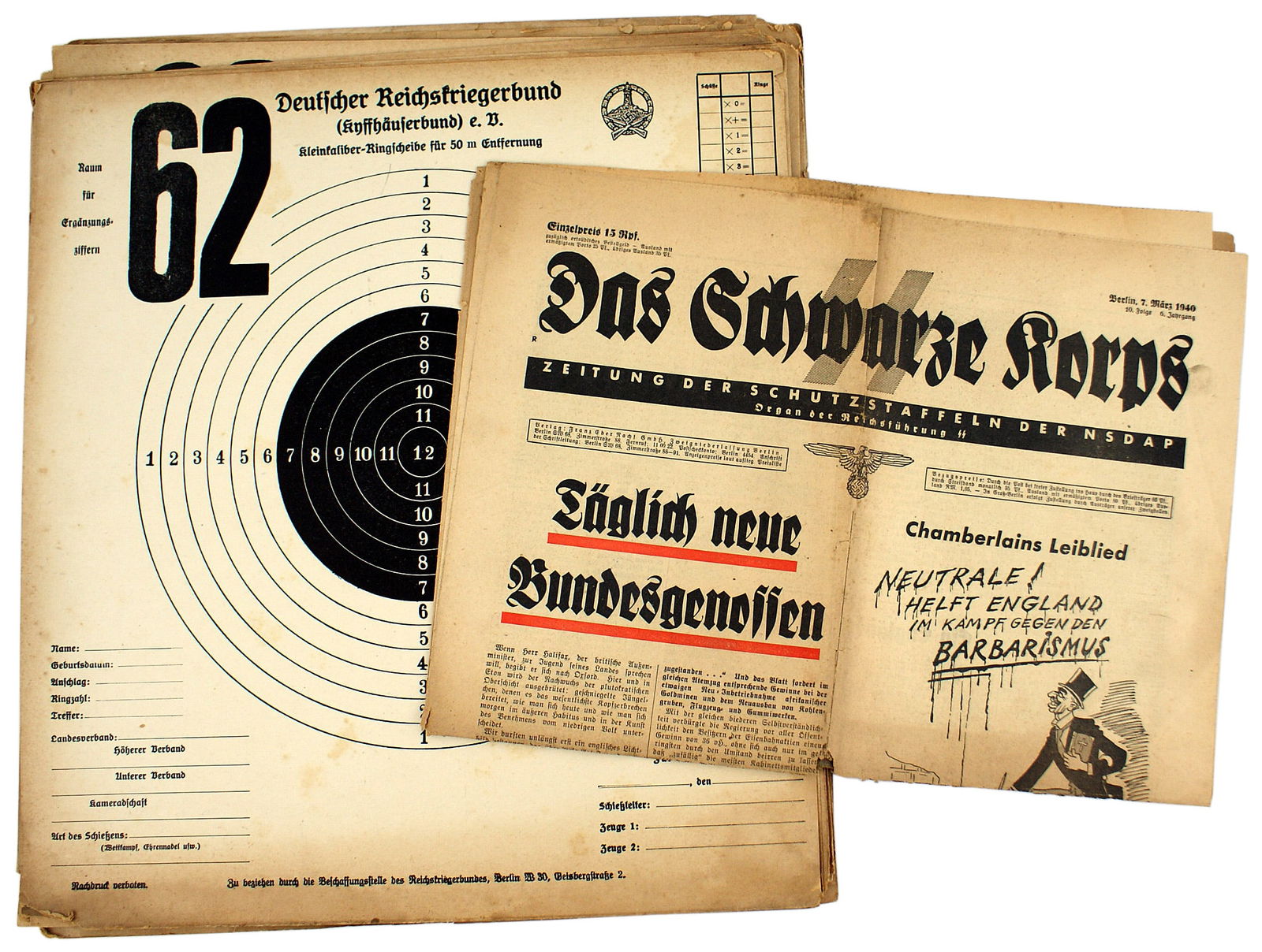 German WWII SS newspaper lot Schwarze Korps Die Wehrmacht: I-030 Miscellaneous German WWII items: (1) SS newspaper "Das Schwarze Korps". Dated "7 March 1940". Showing a British sailor with a German Navy dagger. (3) "Die Wehrmacht" 6/4/44. Photos of "Combat Al