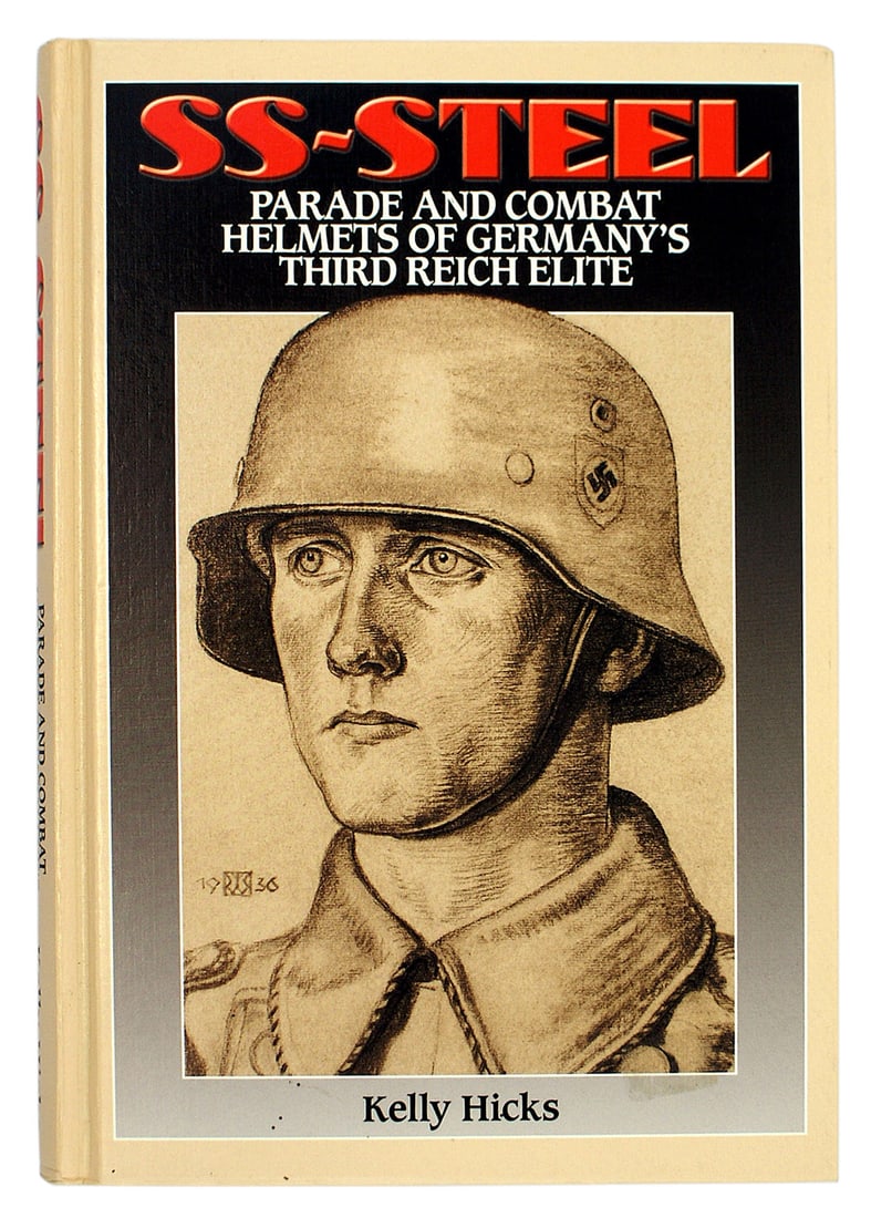 SS STEEL PARADE COMBAT HELMETS THIRD REICH reference book: I-044 "SS - STEEL PARADE AND COMBAT HELMETS OF GERMANY'S THIRD REICH ELITE" by Kelly Hicks. 240 pages. Includes photos of SS used helmets, names and codes of makers, types of decals and markings used.