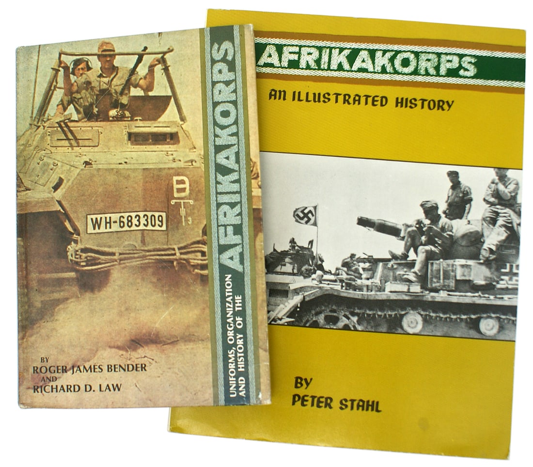 2 German WWII AFRIKAKORPS reference books: I-063 Lot of 2: (1) "UNIFORMS, ORGANIZATION AND HISTORY OF THE AFRIKAKORPS" by Roger J. Bender and Richard D. Law. An excellent pictorial presentation of Rommel's Afrikakorps with photos and assignmen