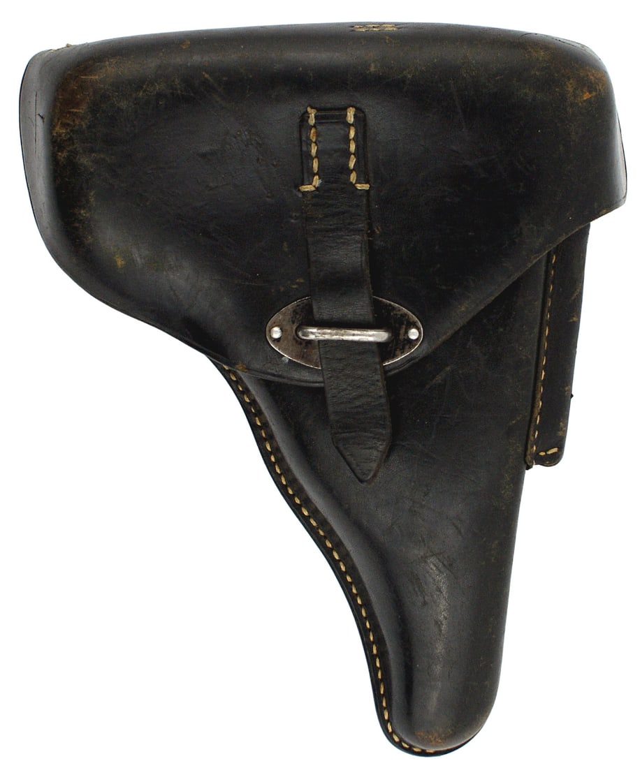 German WWII P38 hard black leather holster: M-005 German WWII P-38 hard black leather holster. Large top flap with a strap/open reverse "D" clasp. Reverse marked "P - 38", "CWW", Waffen stamp and "1941". Two firm belt loops. Shows little wear.