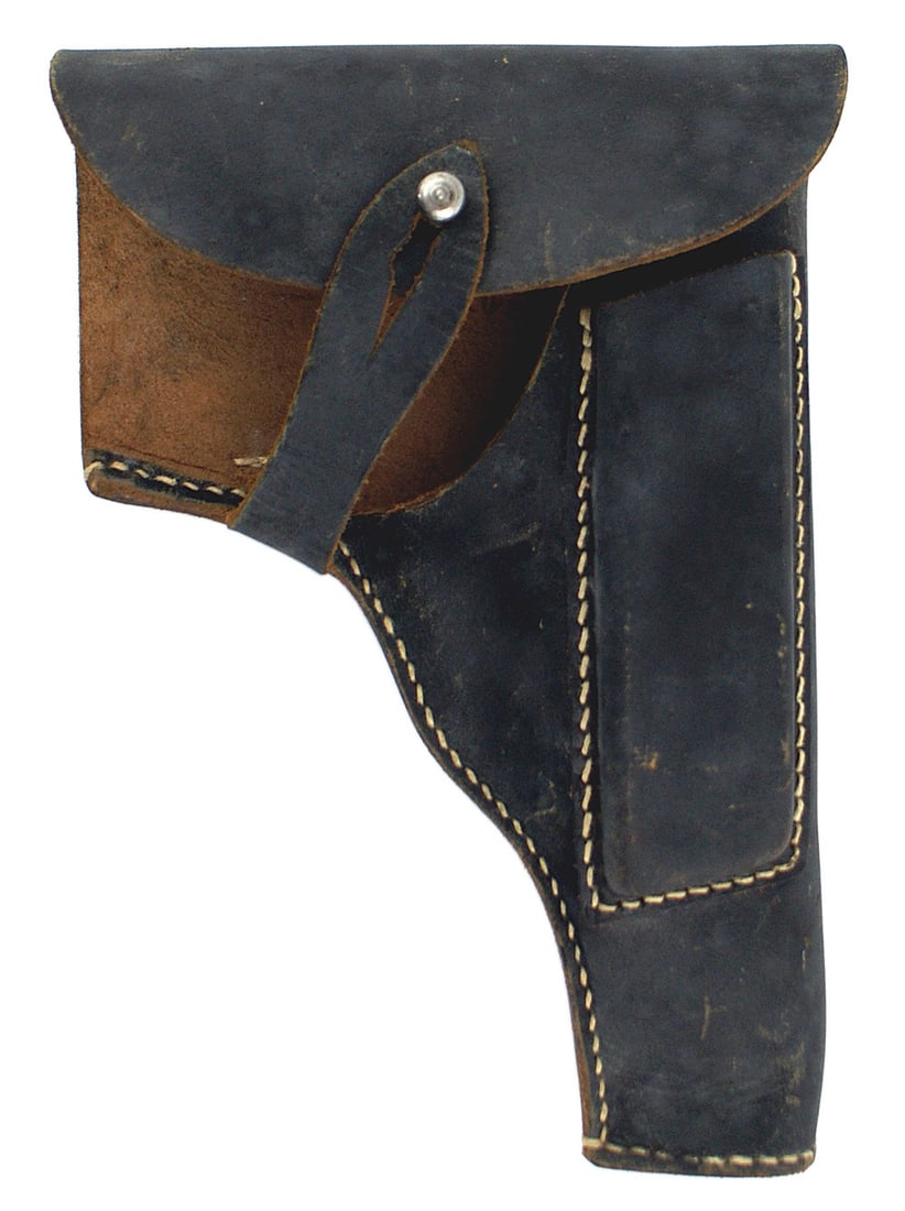 German holster Polish P35 Radom pistol: M-006 German made black leather holster for the Polish P-35 Radom pistol. Wartime modified by cutting away the bottom of the front flap. Underside of the upper section of flap is stamped "OPZ" over an