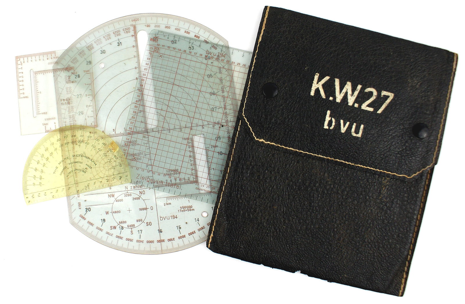 German WWII Panzer protractor map case: N-004 German WWII Panzer protractor/map case. 8 3/4" x 7 3/8" simulated pebbled black "ersatz" leather. Two snap button flap and white letter "K.W. 27" over "bvu". Five different shaped protractors. I