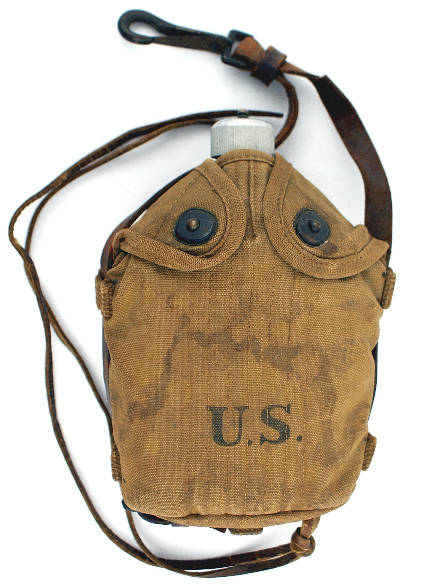 US WWI Cavalry type canteen: N-019 US WWI Cavalry type canteen. Aluminum bottle marked "US AGMG 1918". Cap with chain. Web cover marked "U.S.". Leather web belt which goes through 5 tabs on sides and bottom of cover and join at a