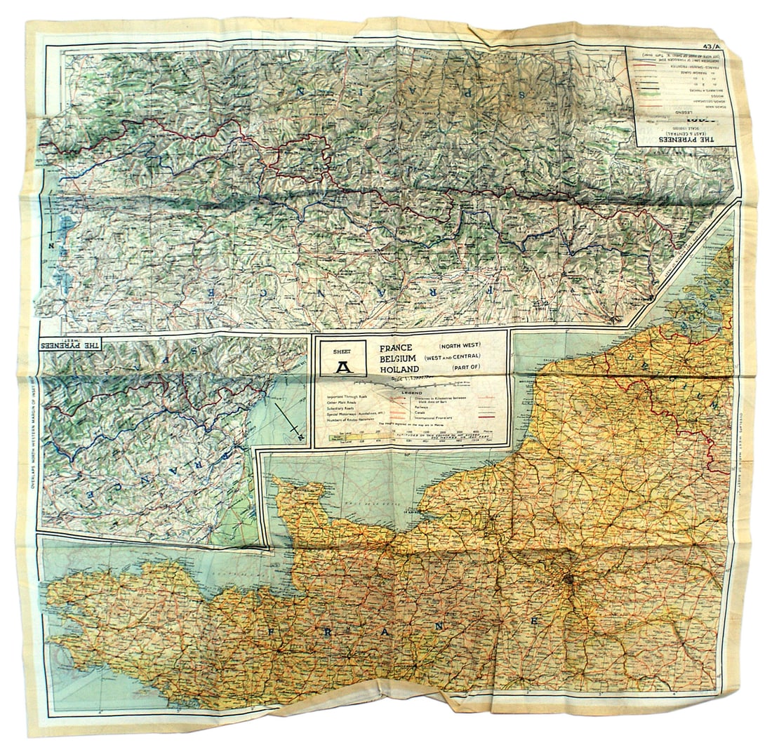 US WWII Army Air Force silk escape map FRANCE: N-020 US WWII Army Air Force silk "escape map". Two sided with "SHEET A - FRANCE - BELGIUM - HOLLAND" and "SHEET B - FRANCE - SPAIN" and "GERMAN - SWISS FRONTIER". 27 1/2" x 28 1/2". II