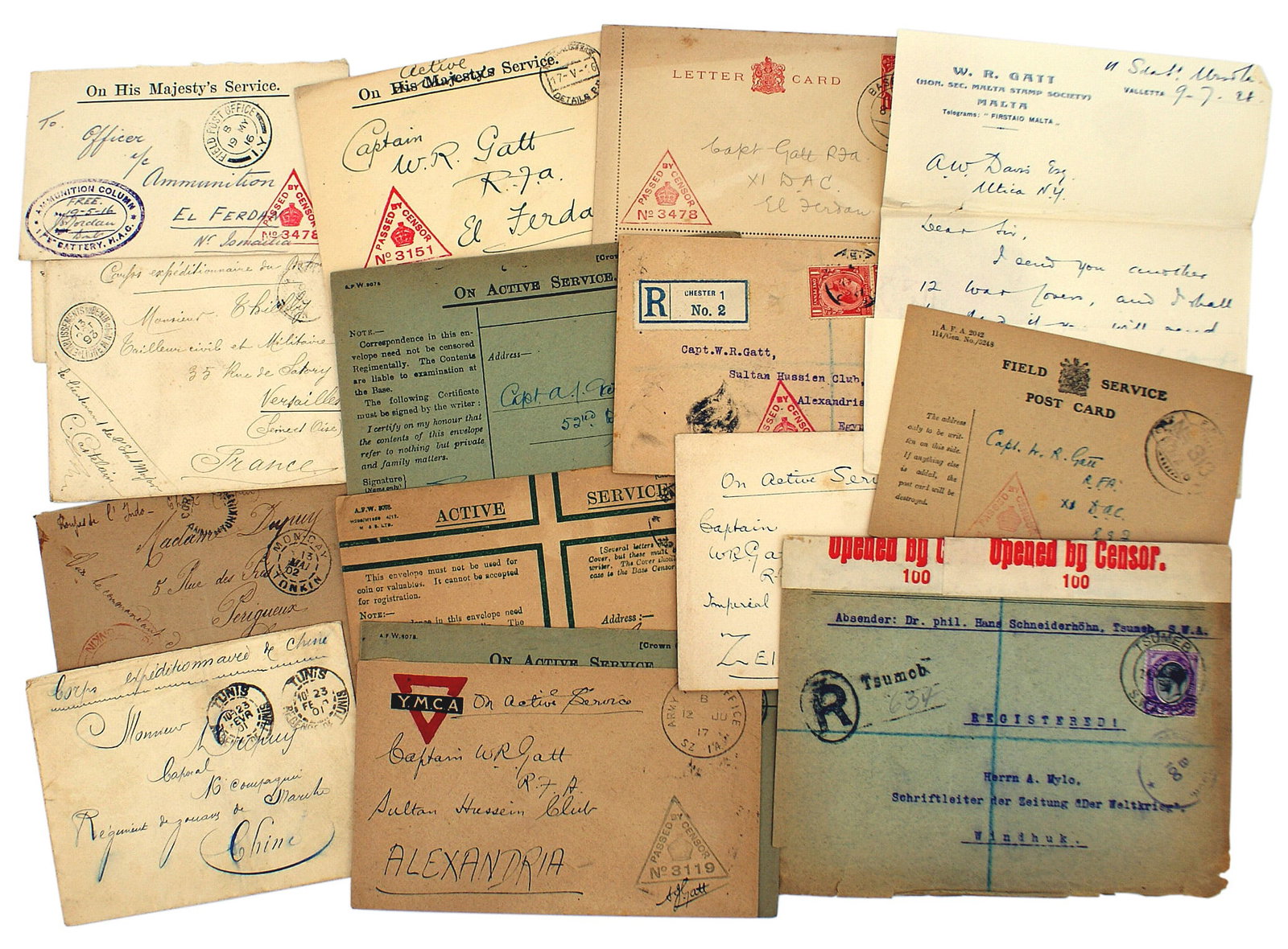 WWI era postal covers British French US: P-002 Lot of WWI era and earlier cancelled postal covers mailed by military personnel. Includes: (1) British. Tem censored envelopes that are all addressed to Capt. W. A. Gatt of the Royal Field Artil