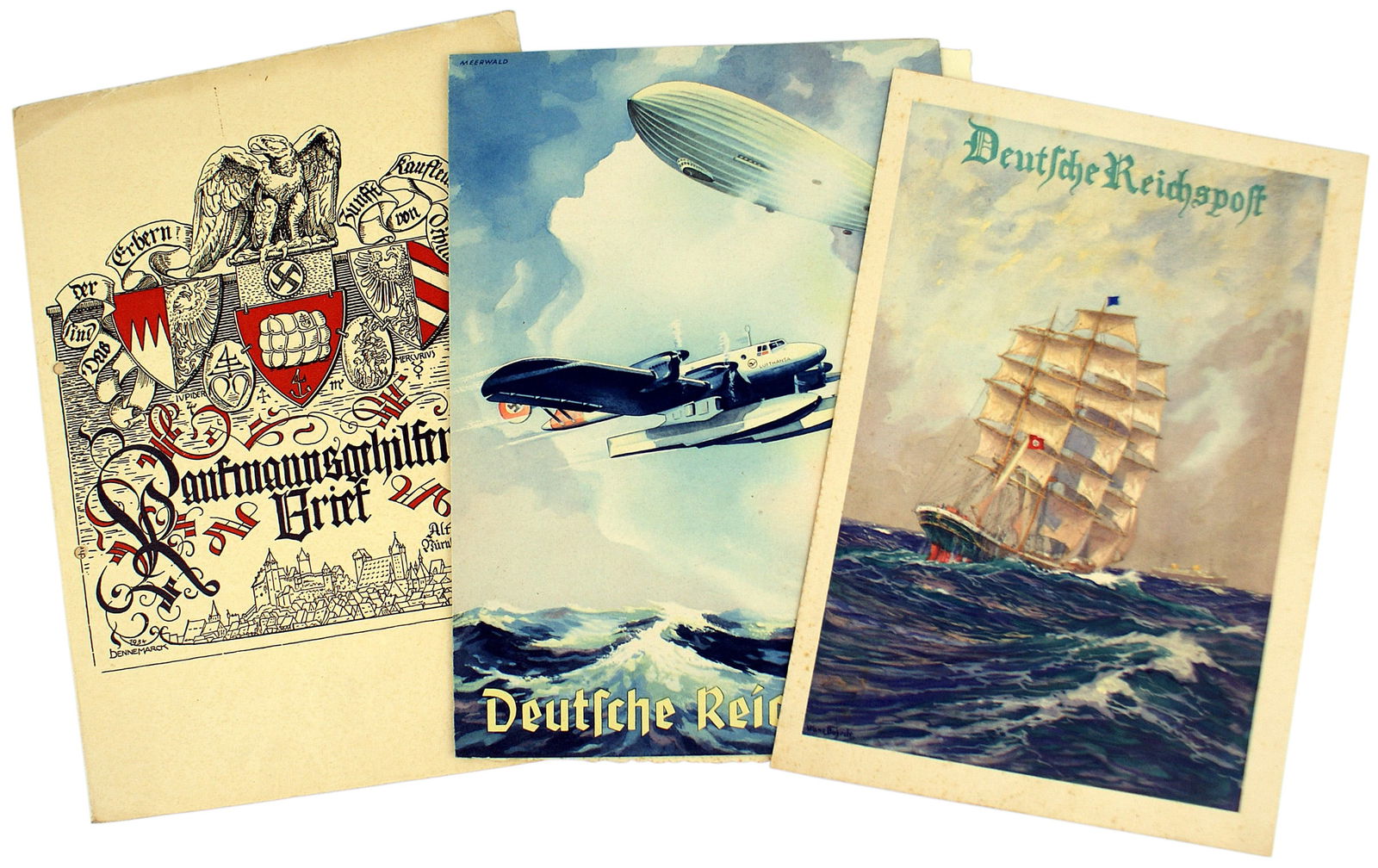 German WWII lot of 3 delivered telegrams document: P-003 German Third Reich lot of 3 delivered telegram texts and one document for an occupation license. (Each 11 1/2" x 8" x 1"). Colorful cover - Zeppelin and Lufthansa sea-plane flying over ocean wat