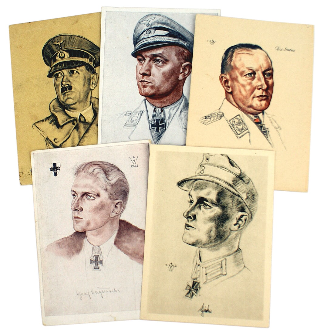 Lot of 5 German WWII postcards Hitler Feldpost: P-005 Lot of 5 German WWII postcards. Includes: (1) Sketch of Adolf Hitler when he visited Linz on 12 March 1938. Mailed from Linz by "Feldpost" from a member of a heavy flak unit. Two punched holes f