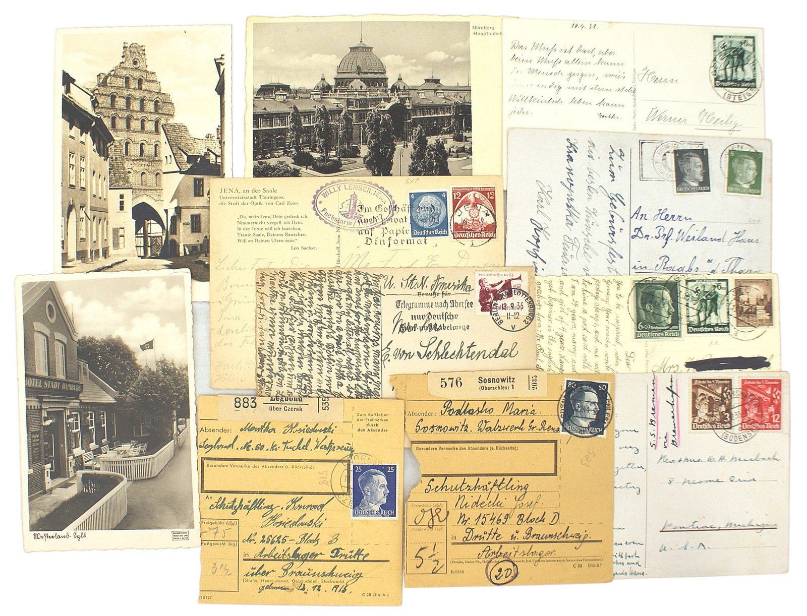 German WWII philatelic Hitler stamps postcards: P-013 Collection of over 200 Third-Reich philatelic items. Includes: (1) 1938 Special Saxon Stamp Exhibition Souvenir sheet, Bohemia Moravia Hitler's 52nd Birthday souvenir commemorative card. (2) 14 
