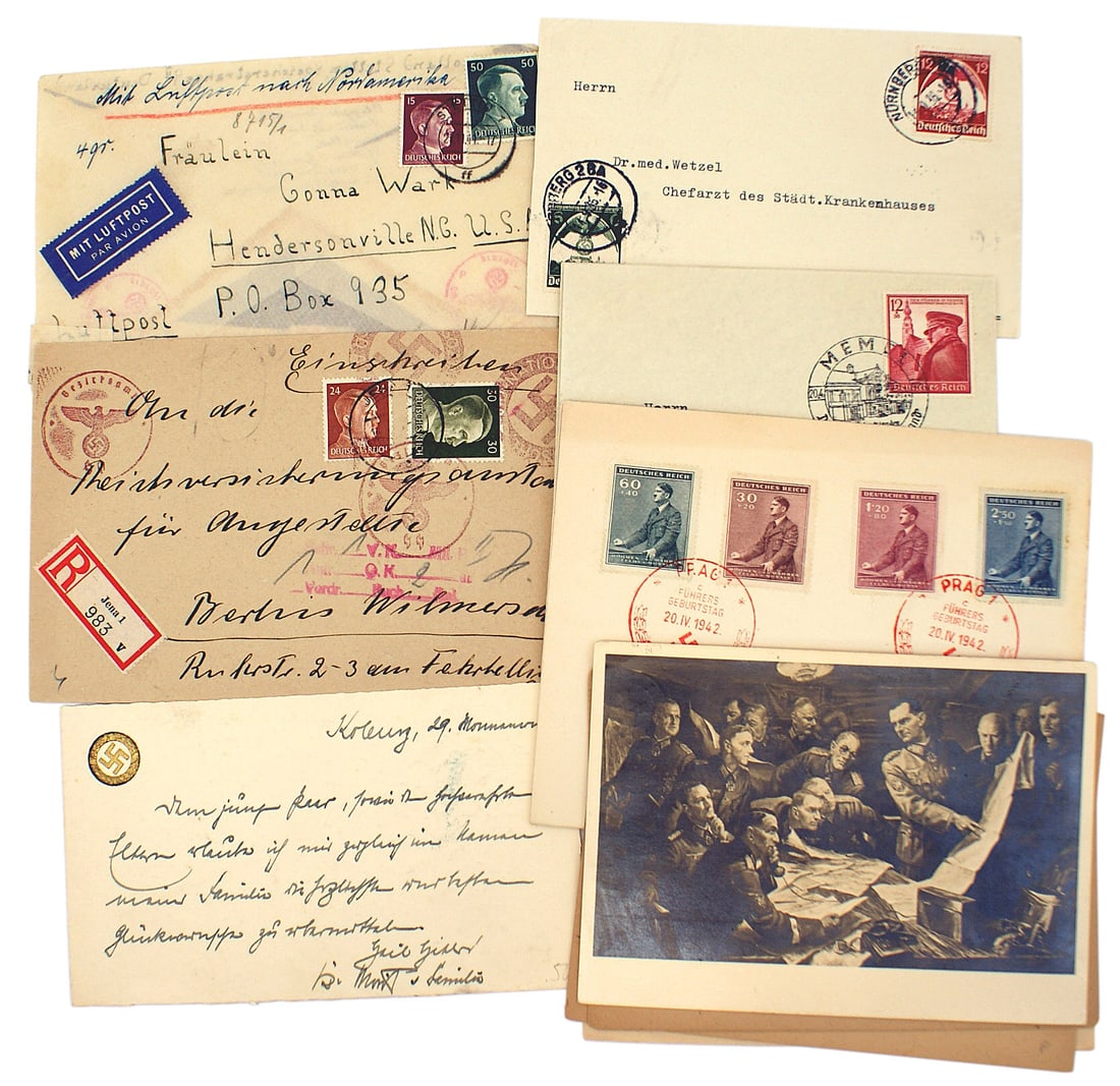 12 German WWII envelopes postcards SS NSDAP: P-014 Interesting lot of 12 Third-Reich postal envelopes and post cards: (1) SS "District" stamped envelope with 1943 postmarks on all stamps, several N.S.D.A.P. "members badge" stampings and date of 