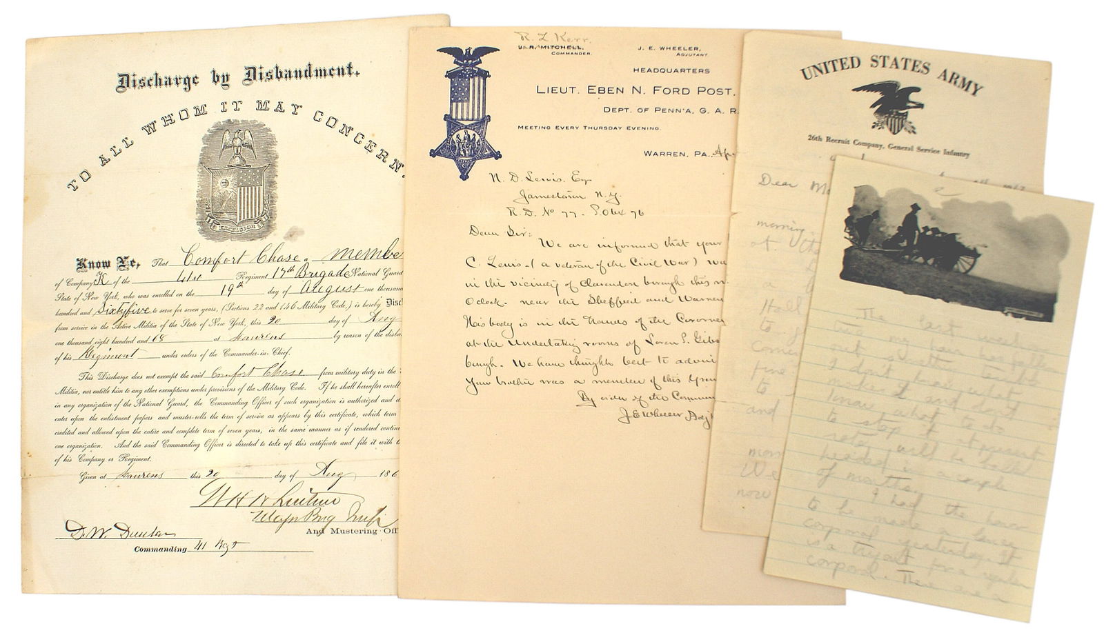 US military ephemera 1862 Civil War letter Discharge: Q-011 Lot of U.S. military ephemera: (1) Handwritten 1862 letter to a Captain regarding a received report. (2) Discharge of a member of the of the 17th Brigade National Guard of the State of New York.