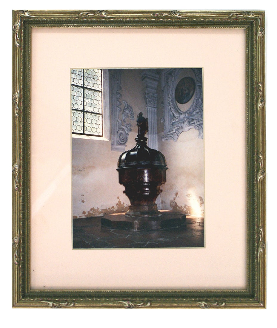 Photo of the Braunan Church Baptismal Adolf Hitler: L-003 Framed color photo of the Braunan Church Baptismal font used to baptize Adolf Hitler on 22 April 1889. Overall, 11" x 9". From the Donald G. Brownlow Collection. II+