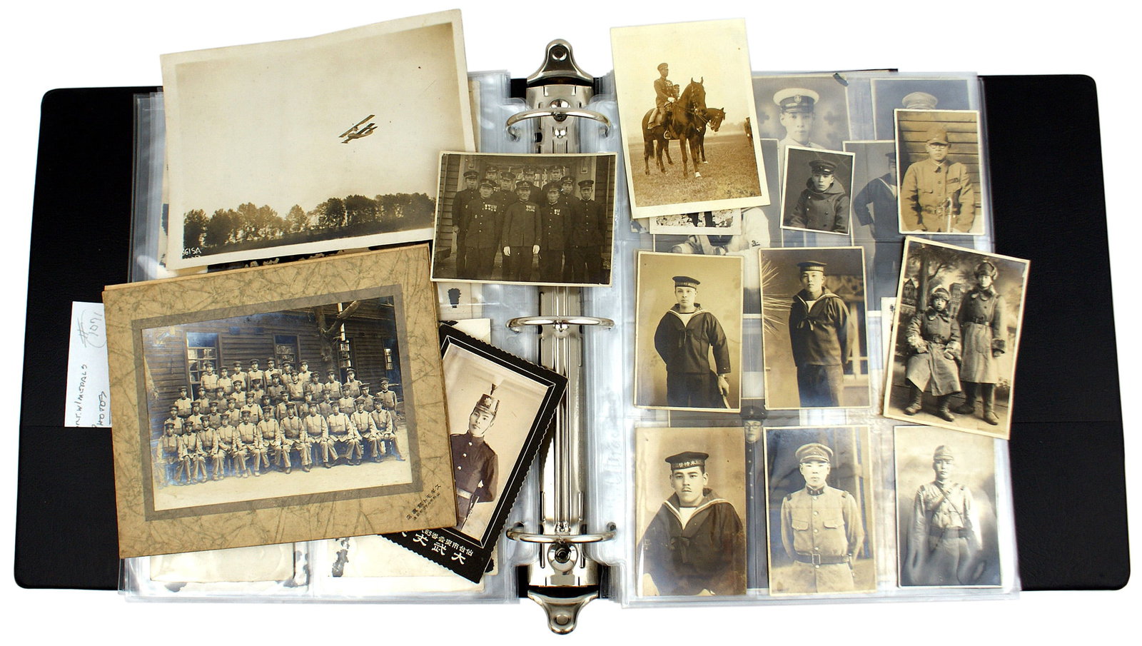 112 WWII Japanese photos Army Navy: L-019 Collection of 112 WWII Japanese photos of Army and Navy portraits, group photos, field photos and few photo postcards. Includes cavalry, wearing pith helmets, a Police officer wearing an Imperia