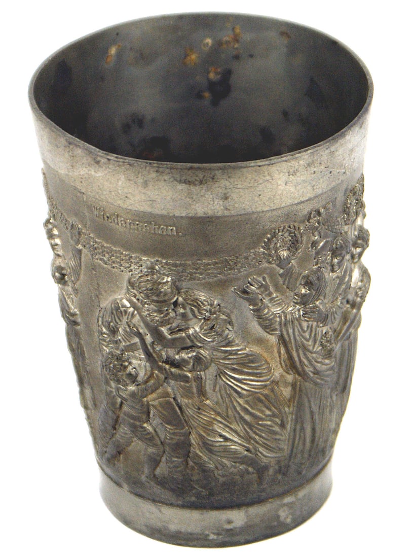 1871 pewter cup Franco Prussian war: G-002 1871 commemorative pewter cup of the victorious return of German troops from the Franco-Prussian war, Relief soldiers in full field dress are being welcomed by a representative family and classi
