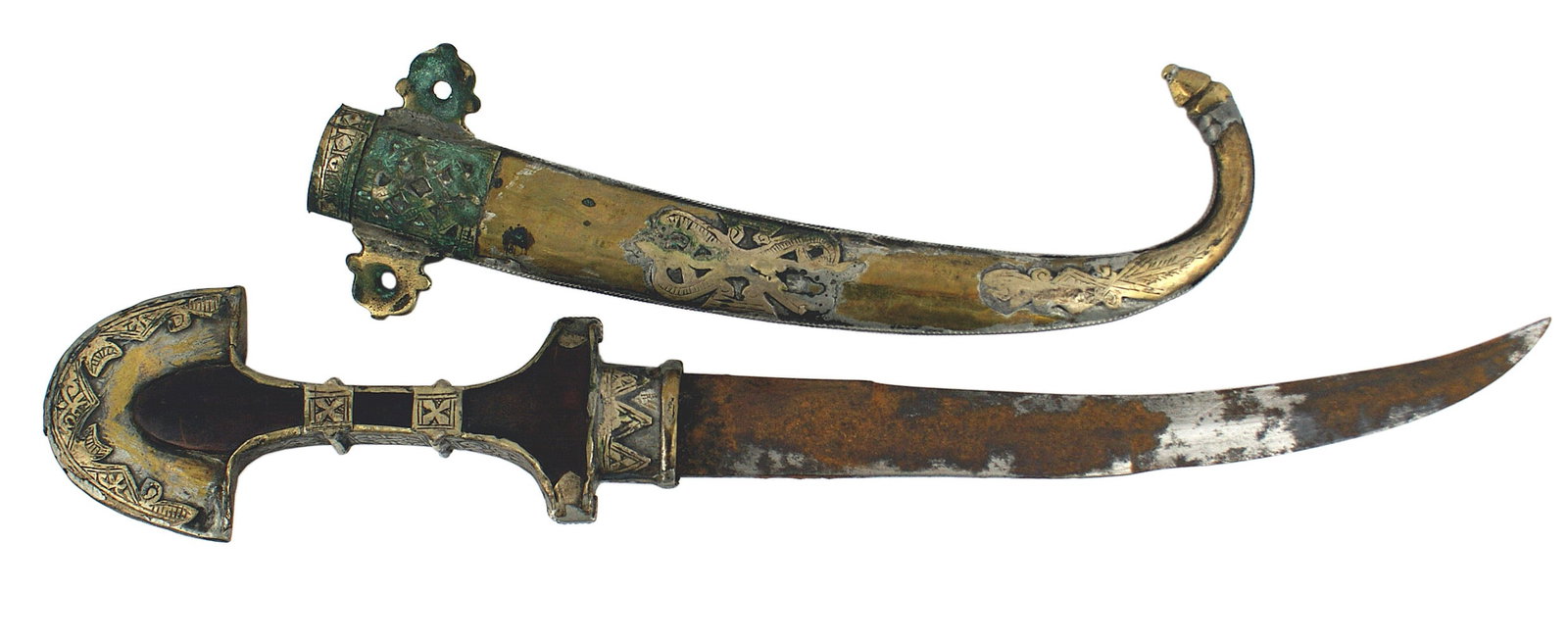 Antique Moroccan Jambiya dagger: R-010 Antique Moroccan Jambiya. Wood hilt with decorative brass "fan" pommel, grip covering and ferrule. Most of the original silver is worn away, but residue can be seen in several areas. 9 1/2" curv