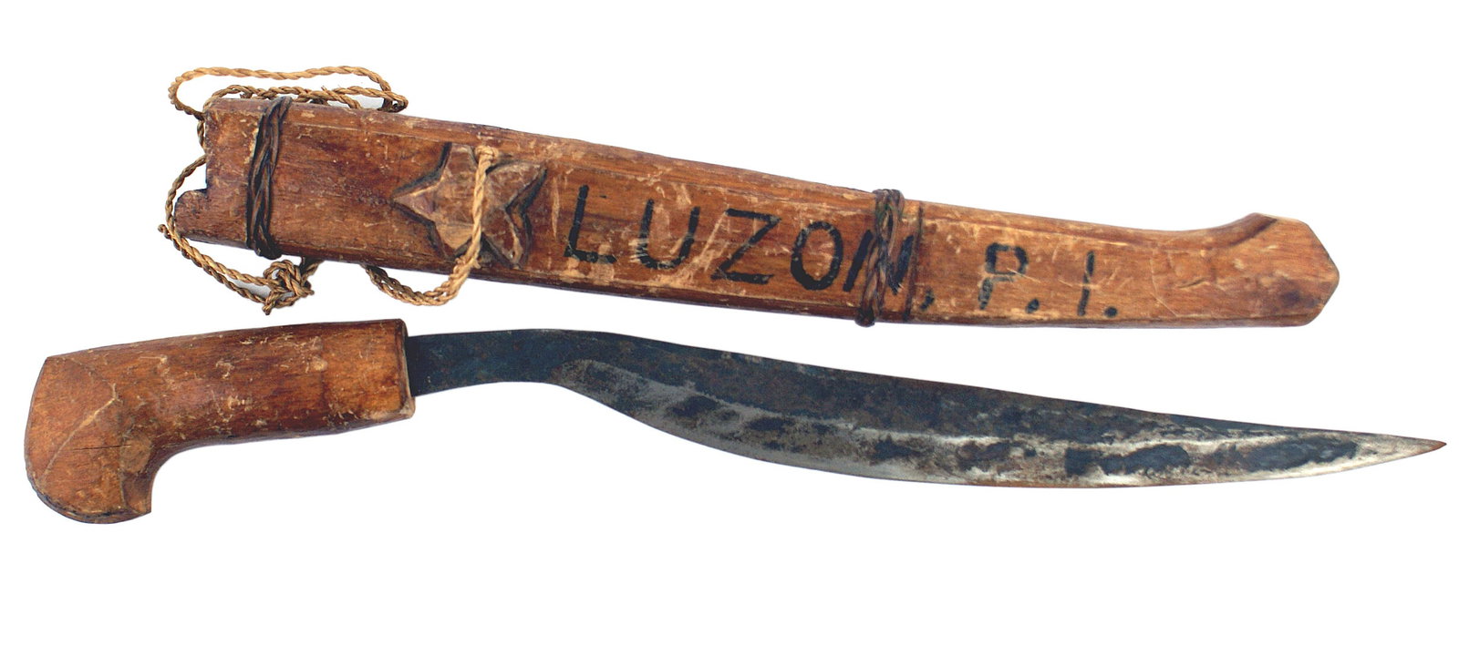 Asian WWII souvenir from the Philippine Islands: R-020 Asian WWII souvenir from the Philippine Islands. Variation of the Golok jungle knife. 10" straight back, curved, cutting edge. Simple made wood handle and matching wood two-piece scabbard, held