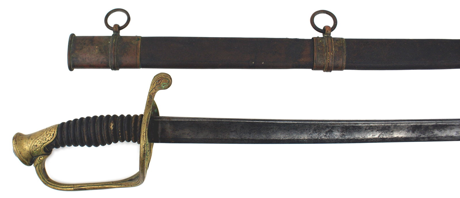 US Civil War M1850 sword 6th Regiment: K-016 Sword carried in the Civil War by Captain Joseph C. Hill of the Maryland Sixth Regiment of Infantry. M-1850 Foot Officer Sword with a brass floral decorated pommel and open guard. Reverse "D" kn
