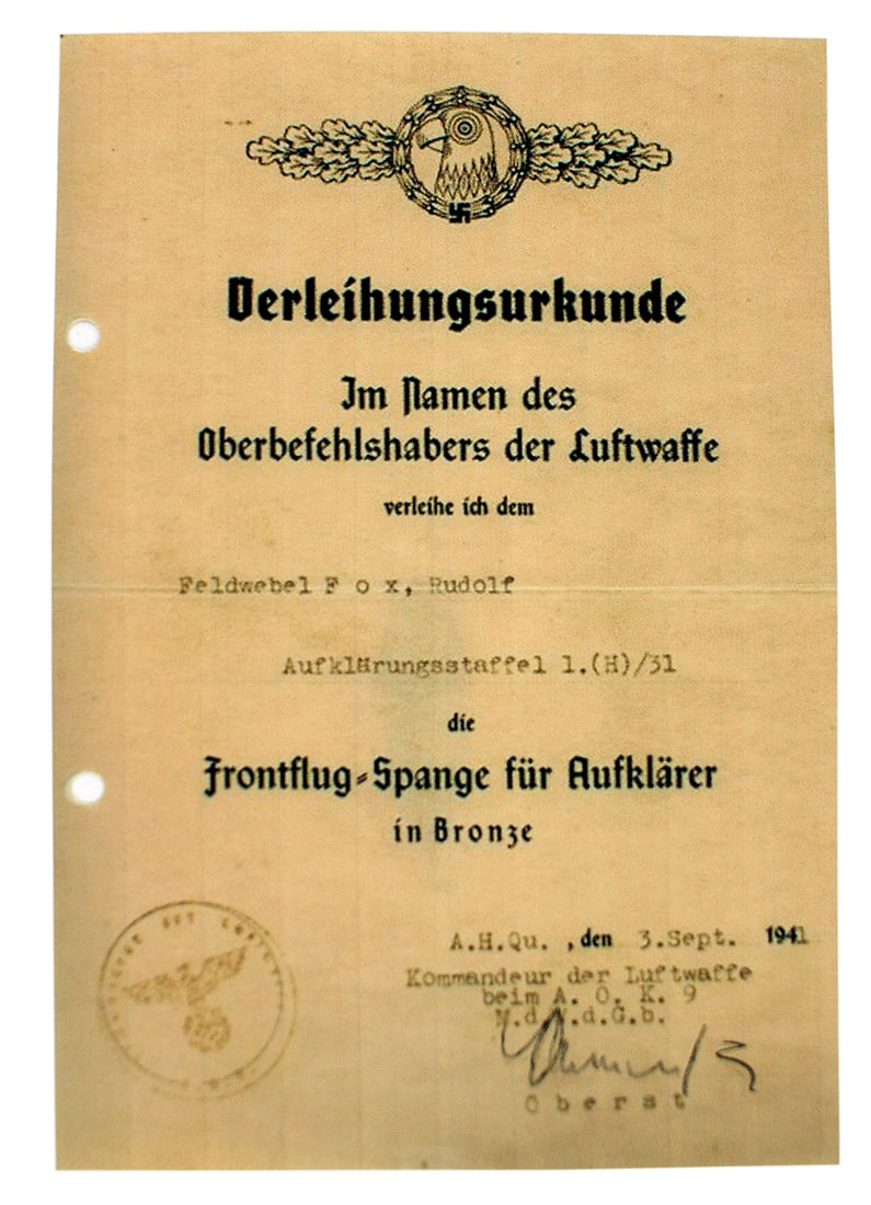 German WWII Luftwaffe citation Recon Clasp: C-016 German WWII Luftwaffe citation for a Recon - Transport Clasp in Bronze. Awarded to "Feldwebel Rudolf Fox" on "3. Sept. 1941" ink signed by an Oberst. Holes on left side for adding to a binder. I