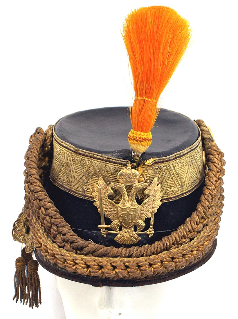 Austria Hungary General Staff Colonel shako: E-001 Austro-Hungarian General Staff Colonel's shako. 1 5/8" wide gold "tape" panel around crown (slight separation in front). 3/4" wide black leather band around base. Gilt brass crowned double-heade