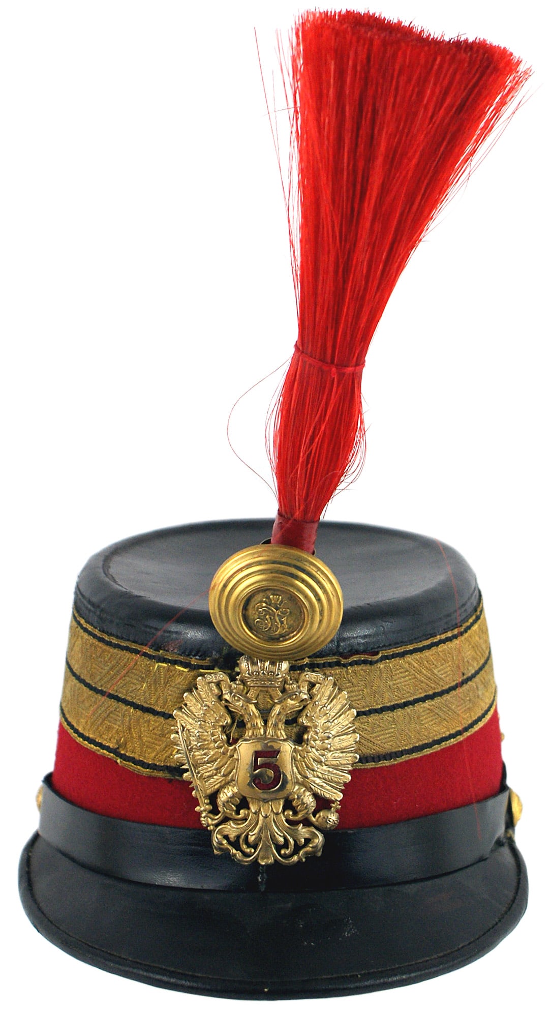 Austrian 5th Hussar Bugler shako: E-003 Austrian 5th Hussar bugler shako. Model prior to 1908. Red felt body with a black leather brim, top and body trim. Gilt-brass Hussar front plate with a cut-out "5" with red felt backing. Gilt me