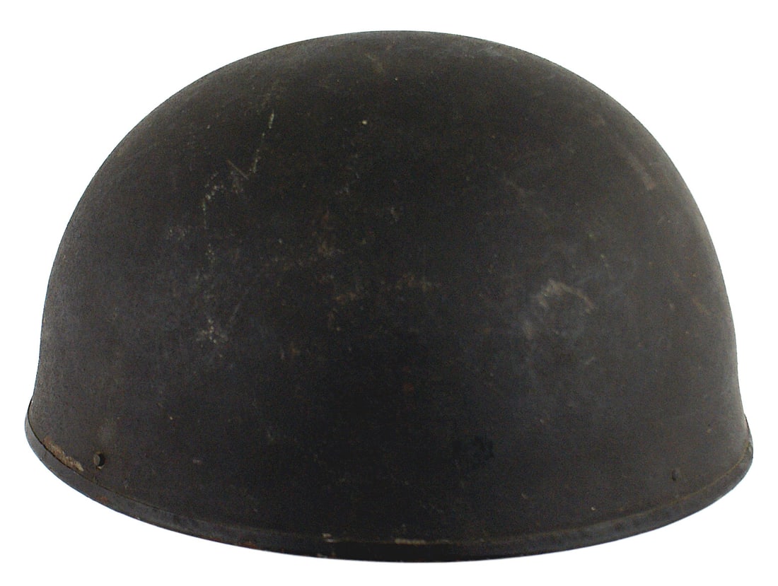 British WWII motorcycle helmet: E-028 British WWII motorcycle helmet. O.D. bowl shape with a thick foam cushion and leather liner/suspension cloth straps. Dated "1945" and marked "BMB" above shield with "7". Pull down ear covers wit