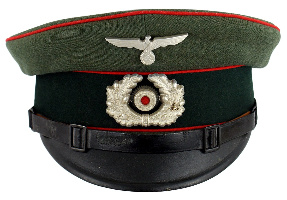 German WWII Artillery Other Ranks peaked cap: E-060 German Third Reich Artillery Other Ranks peaked cap. Soft feld-grau material with a dark green band and red piping. White metal eagle and swastika and oak leaves wreath and red cloth center rose