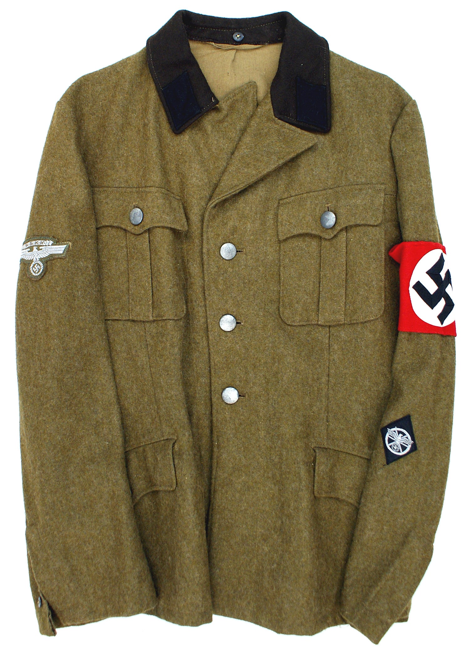 German WWII NSKK Party Transportation tunic: F-003 Third-Reich NSKK (Party Transportation Branch) EM tunic. Four pocket olive drab wool with a dark brown collar. Machine sewn blank black collar tabs, silver arm NSKK eagle/swastika and sleeve dia