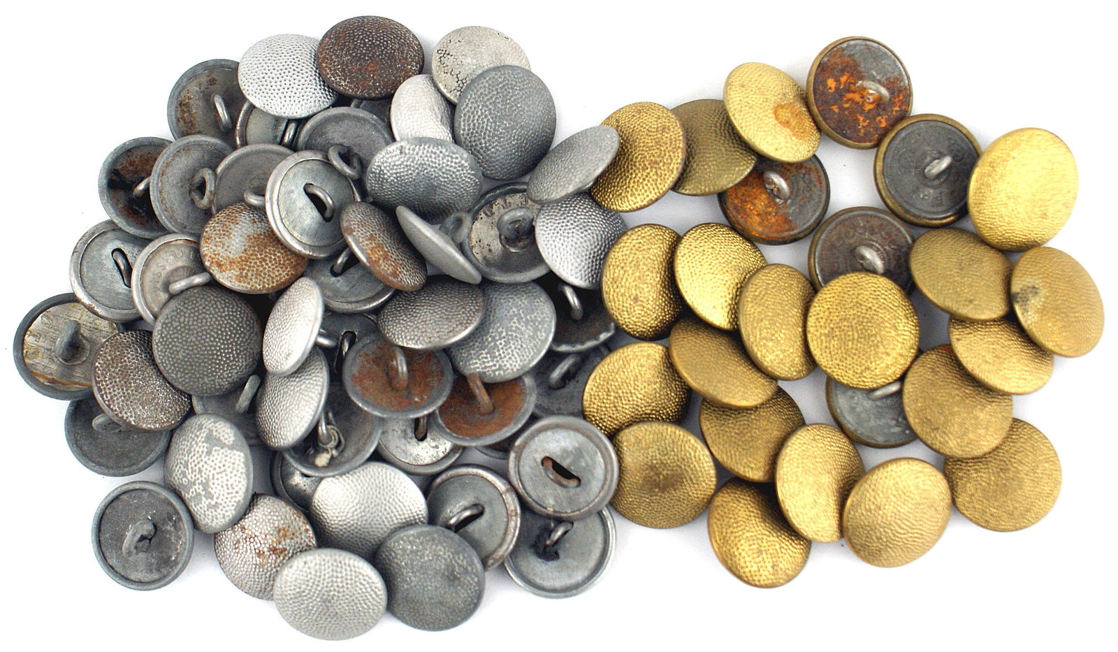 Lot of 75 German WWII uniform buttons: F-048 Lot of 75 German WWII uniform pebbled buttons: 25 are gold - Army General and N.S.D.A.P.; 50 are silver - Army; etc. All show some wear. II