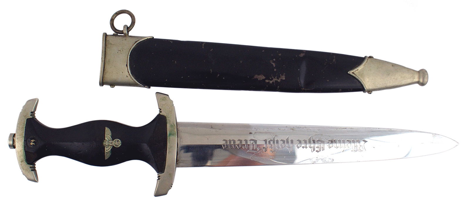 German WWII Rohm presentation SS EM dagger: D-006 Third Reich Rohm presentation SS EM dagger. Same pattern as the SA dagger. Silvered eagle/swastika and SS roundel inserted into the back wood grip. Nickeled crossguards - the lower marked "I" (M