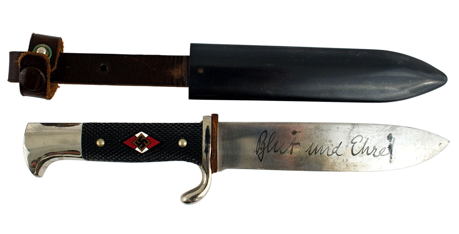 German WWII Hitler Youth HJ dagger: D-010 German Third Reich Hitler Youth (H.J.) dagger. Black checkered plastic grips. Obverse side has an enameled red/white/black swastika diamond set into the grip. Nickeled pommel and turned up cross