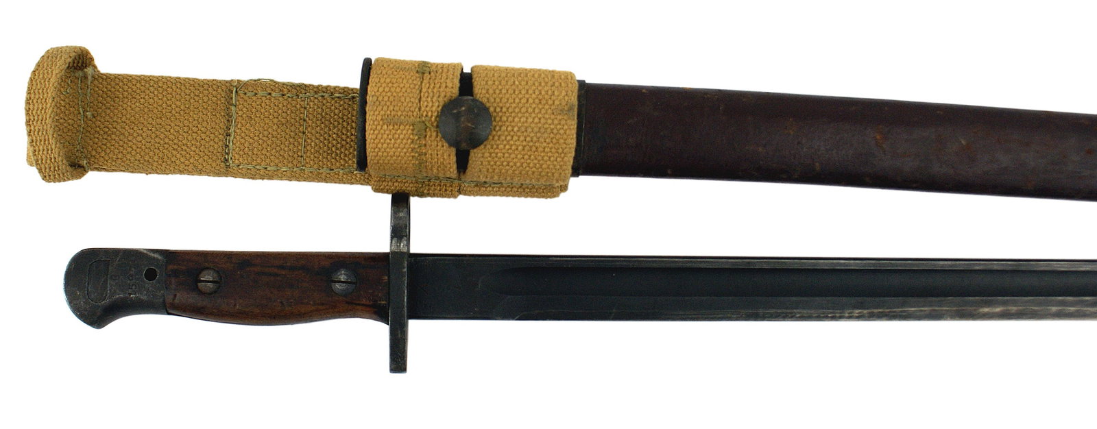 British pattern 1903 Enfield bayonet: D-040 British pattern 1903 Enfield bayonet. Parkerized pommel and crossguard (with muzzle ring). "AUSTRALIA" stamped on wood grips. 16 7/8" parkerized blade is stamped "MA 1907", and with hallmarks an