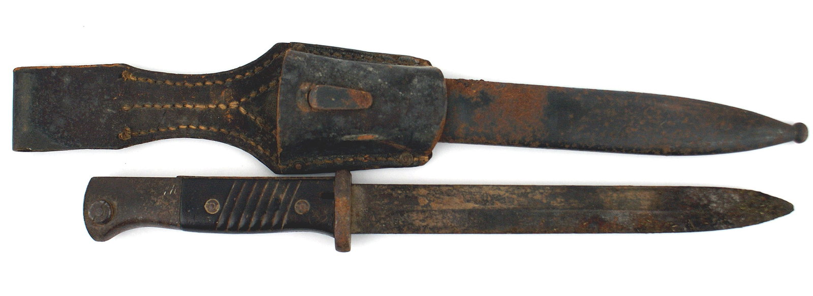 German WWII K98 bayonet: D-047 German WWII K-98 bayonet with scabbard and frog. Deep maroon grips. Rusted blade marked "508a" and "42 ddl". Pommel and crossguard, as well as the scabbard can be cleaned. Leather frog is marked