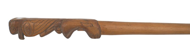 NW American Indian totem pole walking stick: R-18 Northwest American Indian "totem pole" walking stick. One piece carved eagle standing on the tail of a killer whale - with the remainder of the shaft rounded. It appears as if a small appendage (