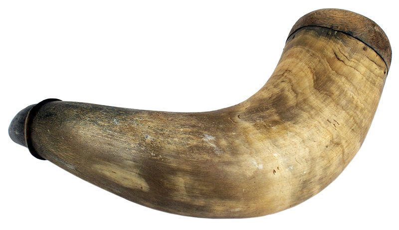 Early American oxen powder horn 1812: M-8 Early American oxen powder horn. Engraved with the date "1812". Neck has a relief carved collar. Wood plug shows age and is faded (old numbered brass tag still attached). Overall 14 1/2". II
