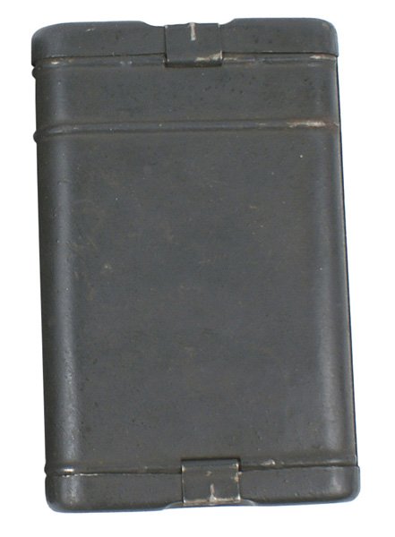 German WWII K98 Mauser cleaning kit: M-42 German WWII K98 Mauser cleaning kit. Dark OD "tobacco" can with oiler, chain, and brush. II