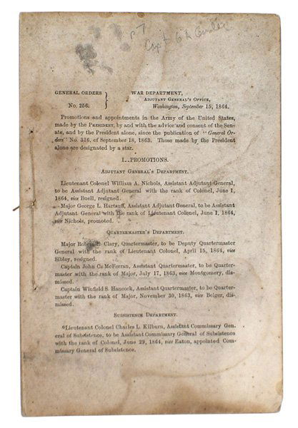 Civil War GENERAL ORDERS No. 256 book: K-50 Civil War "GENERAL ORDERS No. 256" list of Army promotions. Includes George A .Custer promoted to Captain on May 8, 1864. 174 pp. An excellent reference. Water stained. II-