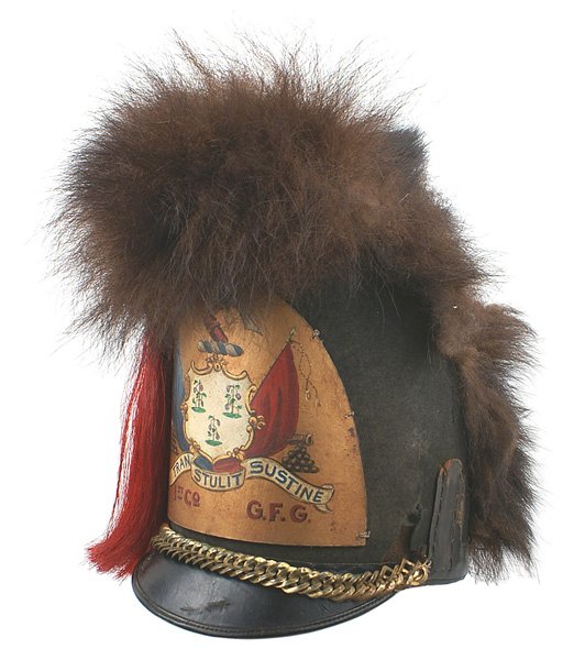 U.S. Indian Wars Connecticut Foot Guards Shako: K-53 Connecticut Foot Guards Shako. 11 1/2" tall beaver skin body with a stiff sloping leather brim. Sewn-on 6" x 7" colorful painted state coat-of-arms (with Latin motto and "1st Co. G.F.G.") on a le