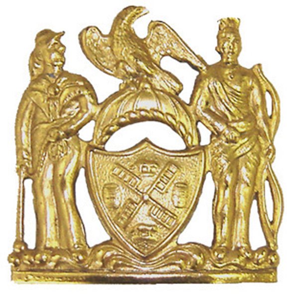 New York State Cap Badge Circa 1890: K-67 New York State Cap Badge. 2 1/8" x 2 1/8" cutout old style state coat-of-arms/sailor/Indian/eagle/NYC shield. Circa 1890. II