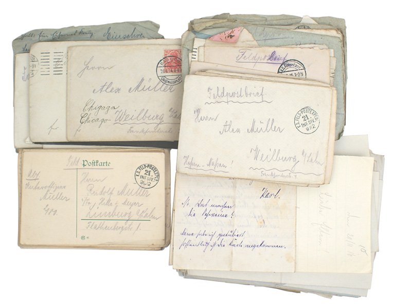Lot of 2 German WWI Feldpost Correspondence: P-2 Lot of WWI Feldpost Correspondence: 51 letters/envelopes with stampings, 74 loose letters, 31 "Feld Postkartes" with unit stampings, also 9 envelopes with cancelled stamps. II