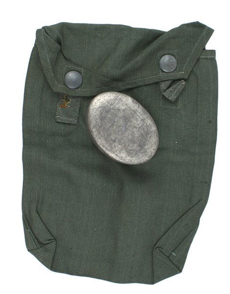 German WWII Lot Mt. Troops goggles bag: N-20 Lot: (1) Mountain Troops tinted goggles. Metal frames with a cloth strap. With tin box. Marked. (2) Cloth bag for gas cape. Two snap buttons on flap and belt loops. II
