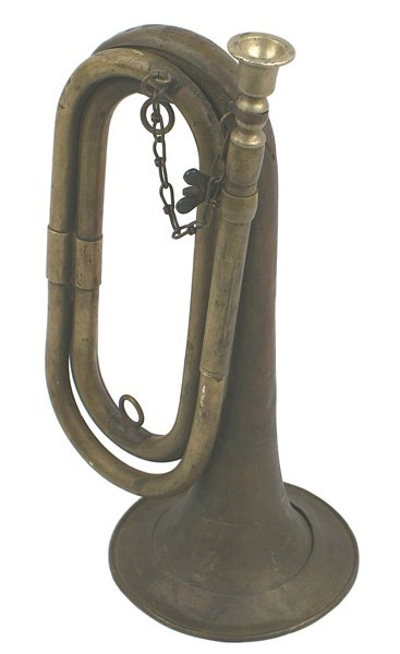 Japanese WWII Army bugle: N-31 Army bugle. Aged patina has darkened the brass and nickeled mouthpiece - chain attached. Stamped with characters, "2", and a "mum". (Consigner stated that this bugle was captured from Chinese tro