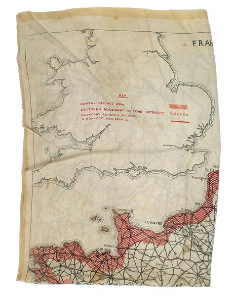 U.S. WWII escape map of France: N-32 Silk "escape" map of France, reverse has Germany/Baltic area. 23"x16 1/2". Issued to invasion forces. II