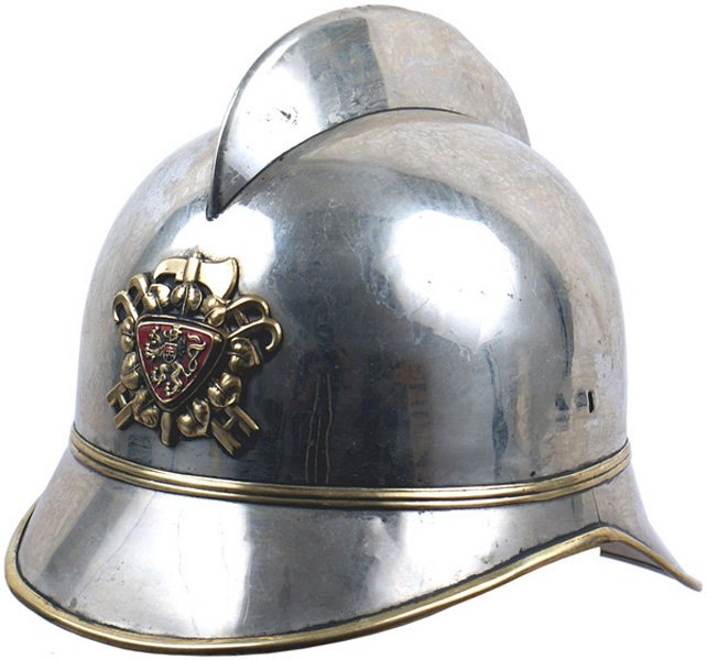 Czech Pre-WWII Fire helmet: E-26 Czech Pre-WWII Fire helmet. Brass trimmed, nickeled body and comb. Gilt brass fire motif/ linder leaves, front badge with an enameled center bearing the Czech lion and Slovakian shield. Missing c