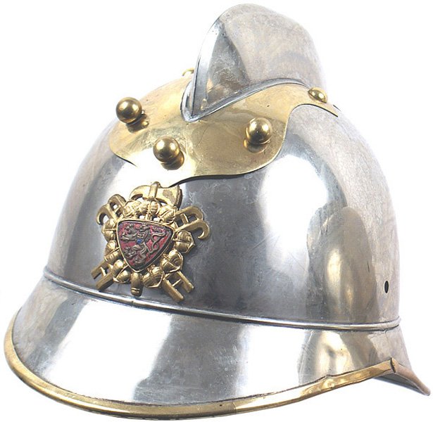 Czech Pre-WWII Fire helmet officer grade: E-27 Czech Pre-WWII Fire helmet - officer's grade. Scalloped gilt base with three domed front rivets - under the nickeled comb (one small dent). Missing chinscales. With a cloth/leather liner and chin