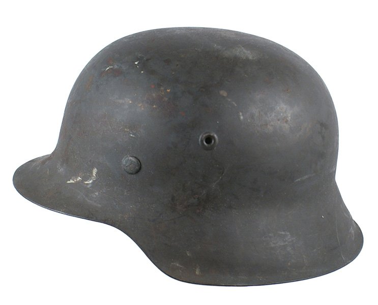German WWII Army M1942 helmet: E-38 German WWII Army M1942 helmet. Some scuffs to OD finish. No decal. Leather liner has one 1/2" tear and shows some wear. No chinstrap. II