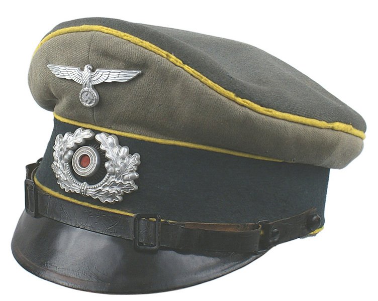 German WWII Army Signal EM peaked cap: E-137 German WWII Army Signal EM peaked cap. Yellow piped dark green band and crown. Top of cap has been replaced, but the material is darker than the body. Metal eagle/swastika and wreath/rosette. Vu