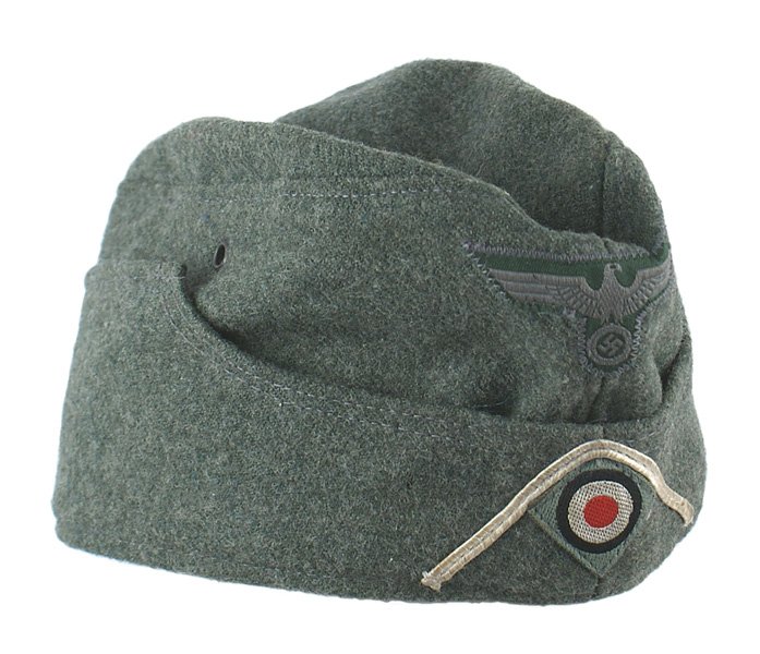 German WWII M35 Infantry EM o'seas cap: E-164 German WWII M35 Infantry EM o'seas cap. OD wool with white soutache and machine sewn bevo type eagle/swastika and rosette. Lining is stamped with an RB number and "GD43". A classic example.II
