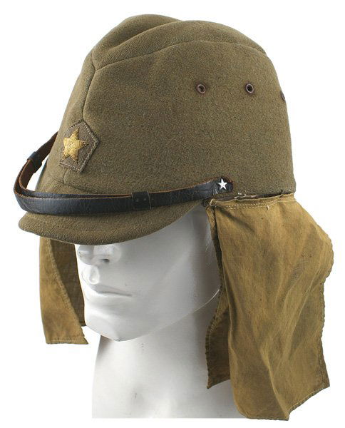 Japanese WWII Army officer field cap: E-185 Japanese WWII Army officer's field cap. Quality OD wool with a short visor. Relief gold bullion star on front. Leather chin held with 2 silver stars. Thread embroidered name on side. Some surfac